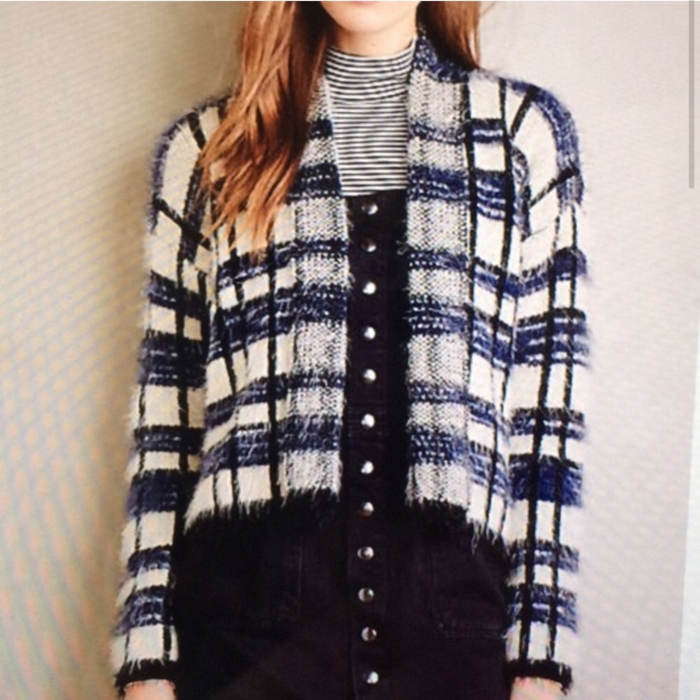 Anthro La Feé Vert Blue Plaid Eyelash Cardigan NWT